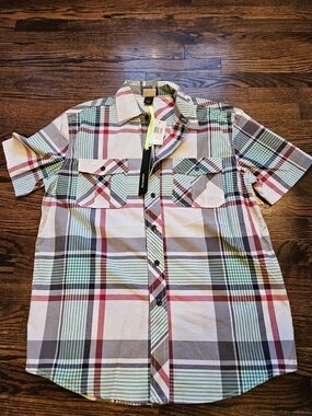 PJmark Brand Short-Sleeve Plaid Button-Down Shirt - White, Red, Teal, Gray